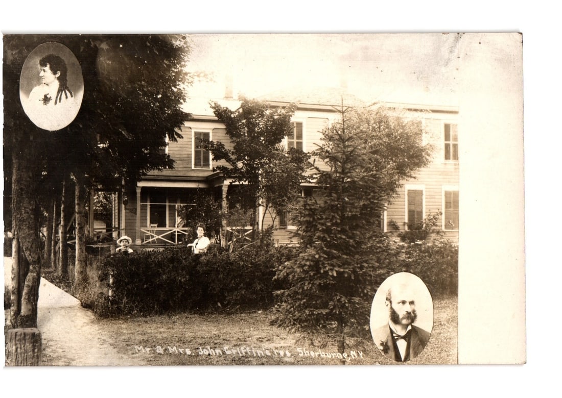 Sherburne, NY: Mr. & Mrs. John Griffin's House, Photographic Postcard with Oval Portraits (1 of 2)