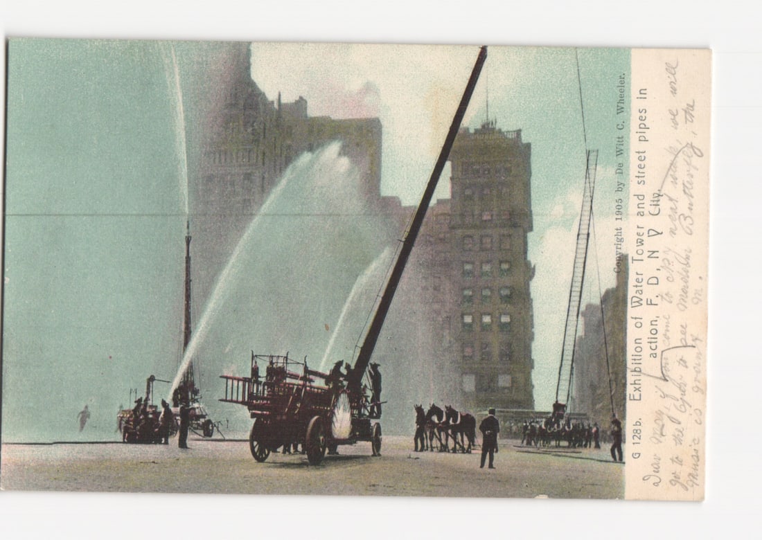 1905 New York City Fire Department Water Tower and Street Pipes in Action postcard (1 of 2)