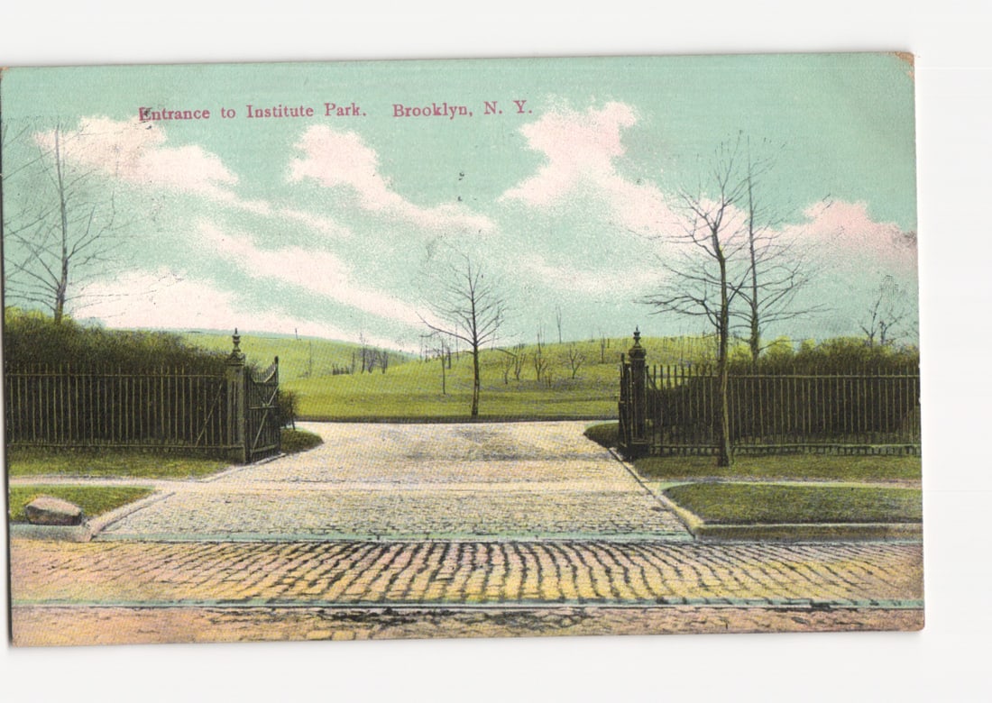 Historic Entrance to Institute Park, Brooklyn, NY, Circa 1912, Colorized Lithograph Postcard (1 of 2)