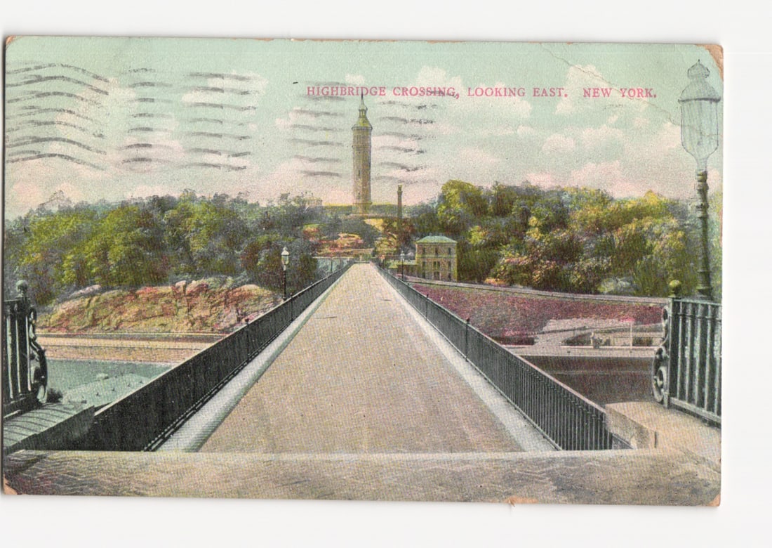 Historic Highbridge Crossing, New York, looking east towards a prominent distant tower, 1912 (1 of 2)