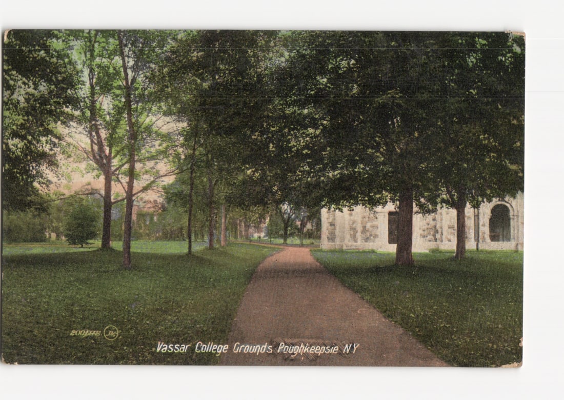 Tree-Lined Path and Stone Building View at Vassar College Grounds, Poughkeepsie NY Postcard: A tree-lined pathway extends into the distance, bordered by grassy lawns. On the right, a multi-story stone building with several arched window openings is partially visible, set amidst mature trees w