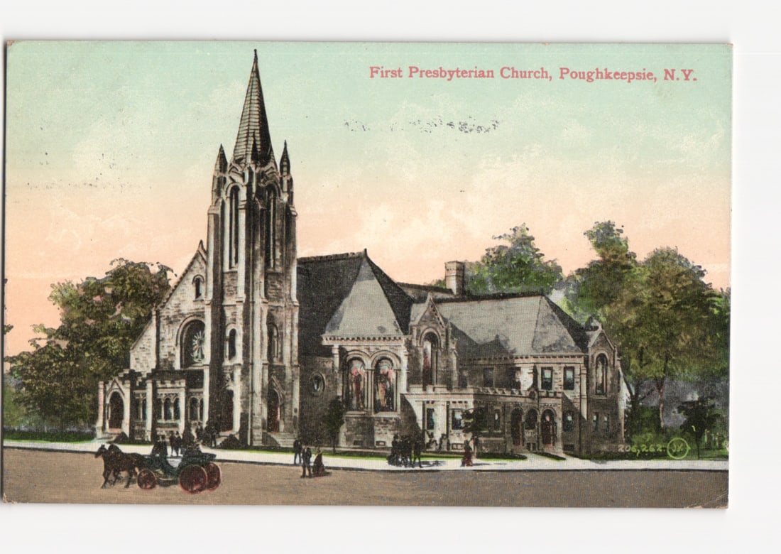 First Presbyterian Church, Poughkeepsie, N.Y., early 20th-century American postcard: A chromolithograph depicting the First Presbyterian Church in Poughkeepsie, N.Y. The church is a large, Gothic Revival style building, prominently featuring a tall, ornate spire on its left side and i