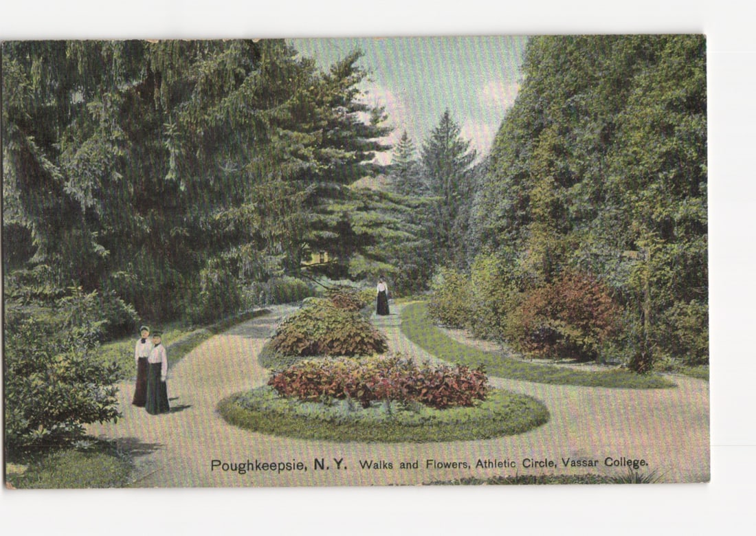 Poughkeepsie, N.Y., Vassar College Garden Walks with Flowers and Women postcard, early 20th C. (1 of 2)