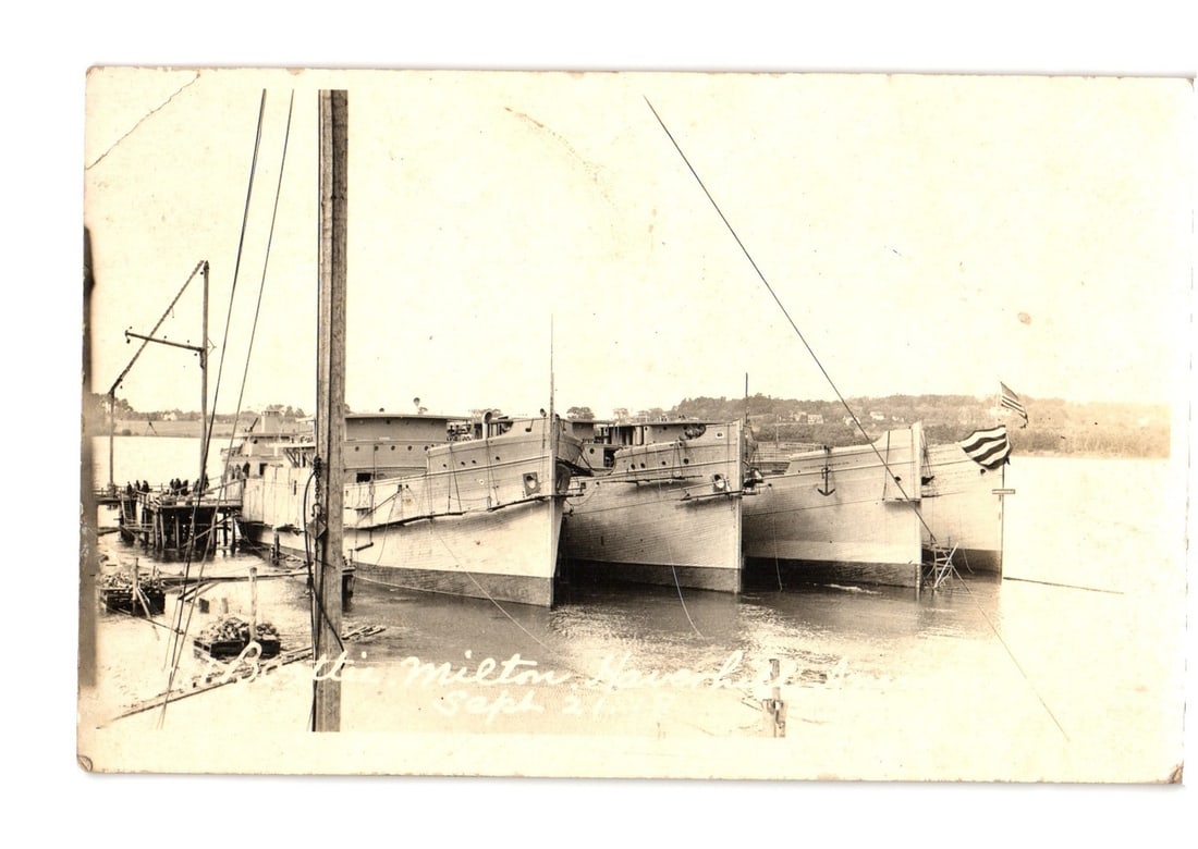 Three docked ships, Portsmouth, N.H., Sept. 27 Real Photo postcard from Randall & Campbell. (1 of 2)