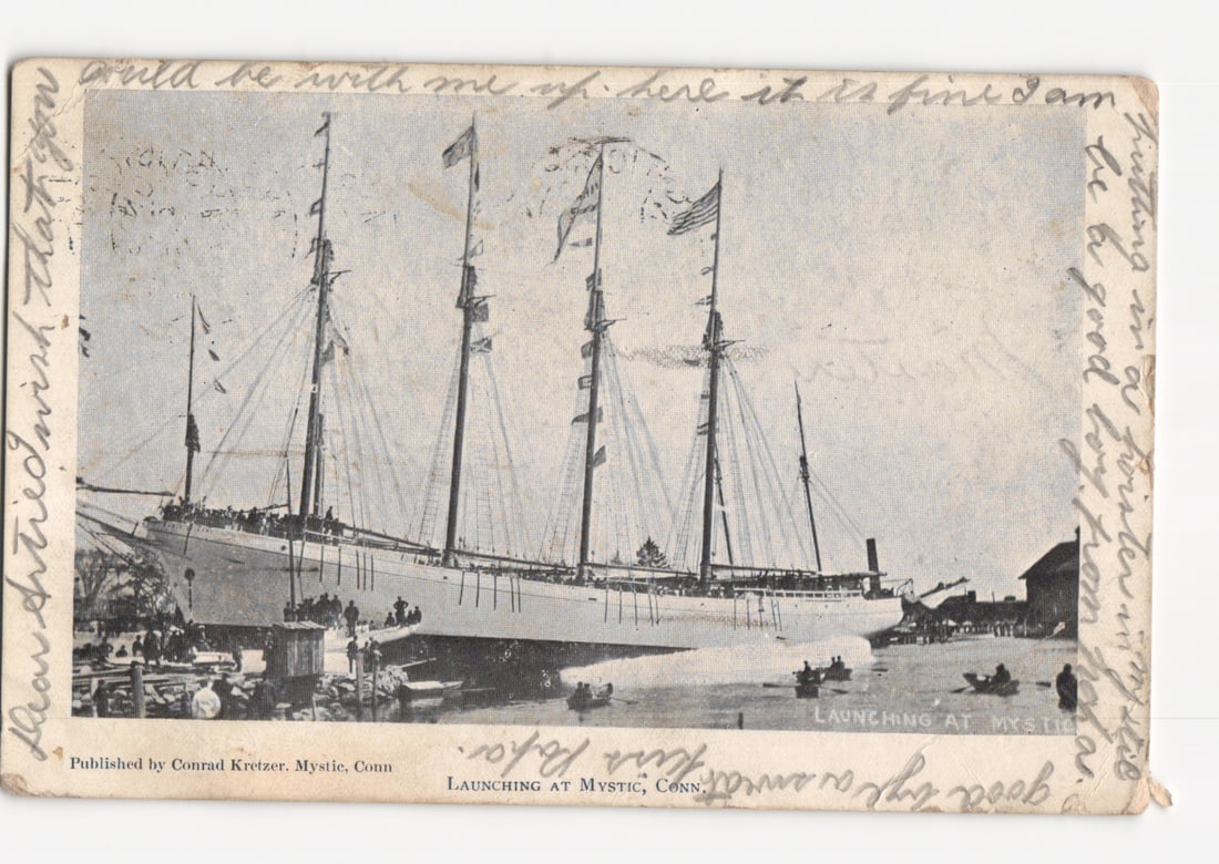 Three-Masted Ship Launching, Mystic, Connecticut postcard, early 20th Century. (1 of 2)