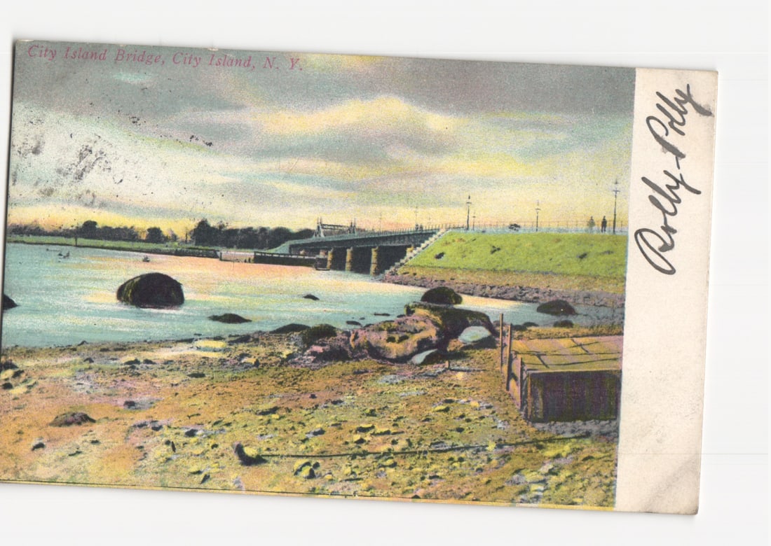 City Island Bridge and Waterfront View, City Island, New York, Early 20th Century Chromolithograph: A chromolithograph depicting the City Island Bridge spanning a waterway in City Island, New York. The foreground presents a rocky, uneven shoreline with a small wooden structure on the right. The wate