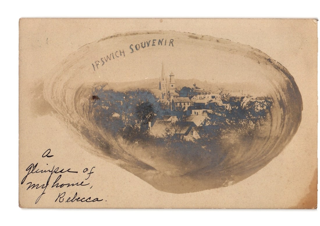 Ipswich Souvenir Town View within Shell Motif, Monochrome Photo Postcard, c. 1900-1907 (1 of 2)