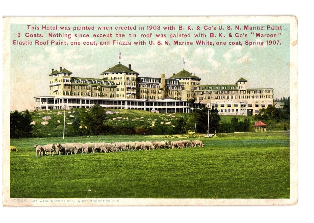 Mt. Washington Hotel, White Mountains, N.H., with Sheep and Paint History postcard: A large multi-story hotel with an expansive porch and distinctive rooflines is situated on a green hillside. The hotel building is rendered in light tones with red roofs. Below the hotel, a flock of s