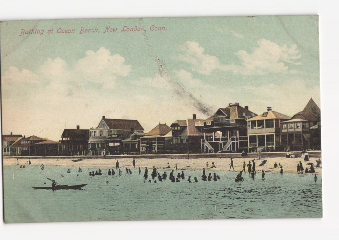 Historic Postcard: Bathing at Ocean Beach, New London, Conn. - Early 20th Century Resort View (1 of 2)
