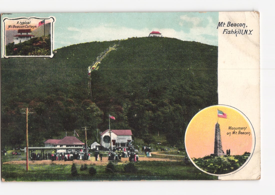 Mt. Beacon, Fishkill, N.Y. Scenic View with Mt. Beacon Cottage and Monument, Early 20th Century: A chromolithograph postcard depicting a panoramic view of Mt. Beacon in Fishkill, New York. The lower slopes of the mountain feature several buildings and numerous people gathered, with a prominent fu