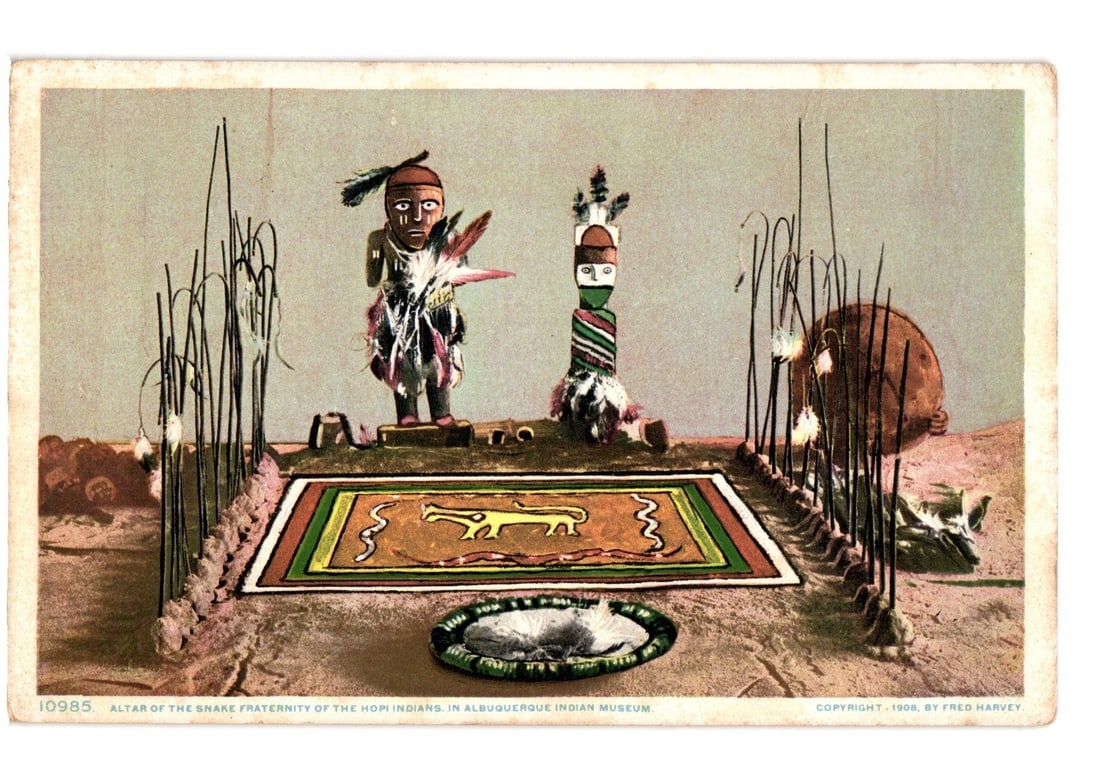 1908 Postcard depicting the Altar of the Snake Fraternity of the Hopi Indians, Albuquerque Indian (1 of 2)