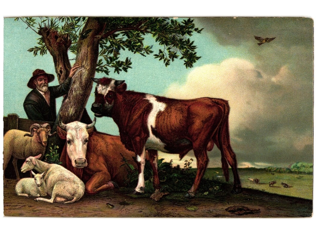 Early 20th-Century Art Reproduction Postcard: Paulus Potter's 'The Young Bull' with Farmer and: A rural scene depicting a farmer standing beside a gnarled tree trunk, observing a group of livestock. A large, brown and white bull stands prominently in the center, while a brown cow lies beside it.