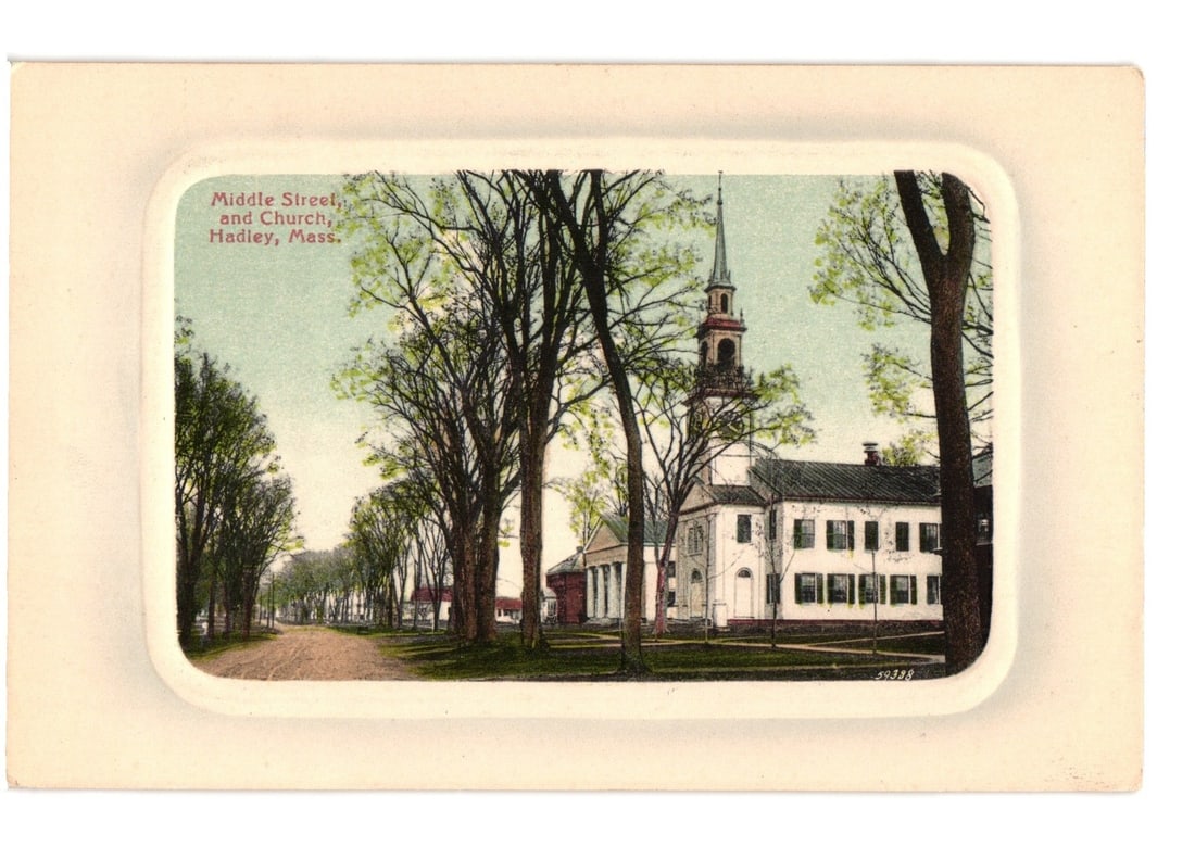Middle Street and Church, Hadley, Massachusetts, Early 1900s Scenic View Postcard (1 of 2)