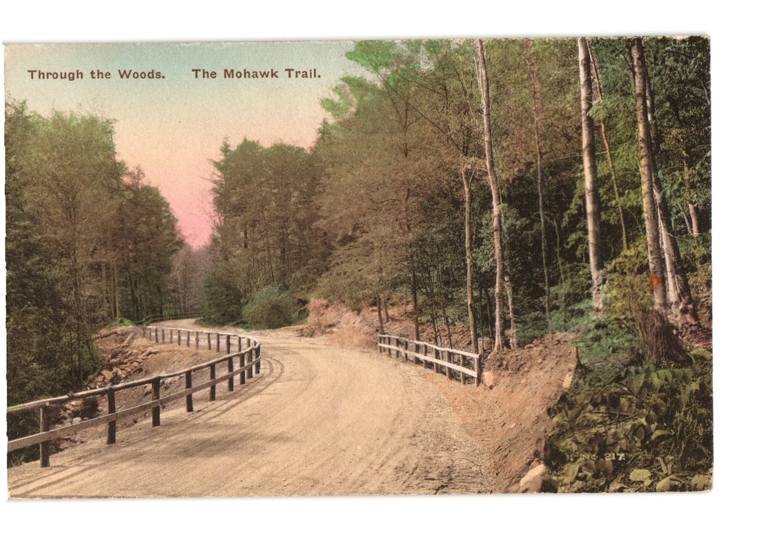 Hand-Colored Postcard of Winding Road 'Through the Woods', The Mohawk Trail, Williamstown, Mass.: A winding unpaved road, bordered by rustic wooden fences, curves through a dense forest. The road dominates the foreground and midground, leading the eye into the depth of the wooded scene. Tall trees
