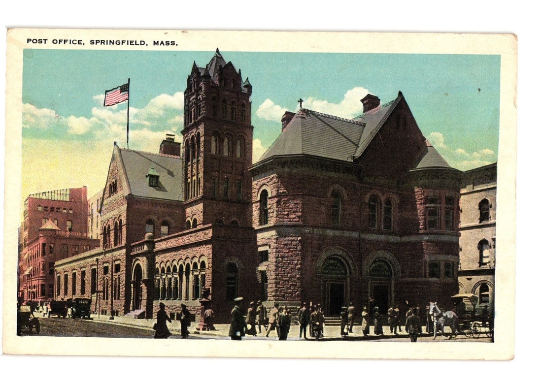 Post Office, Springfield, Massachusetts, Early 20th Century Hand-Colored Lithograph postcard (1 of 2)
