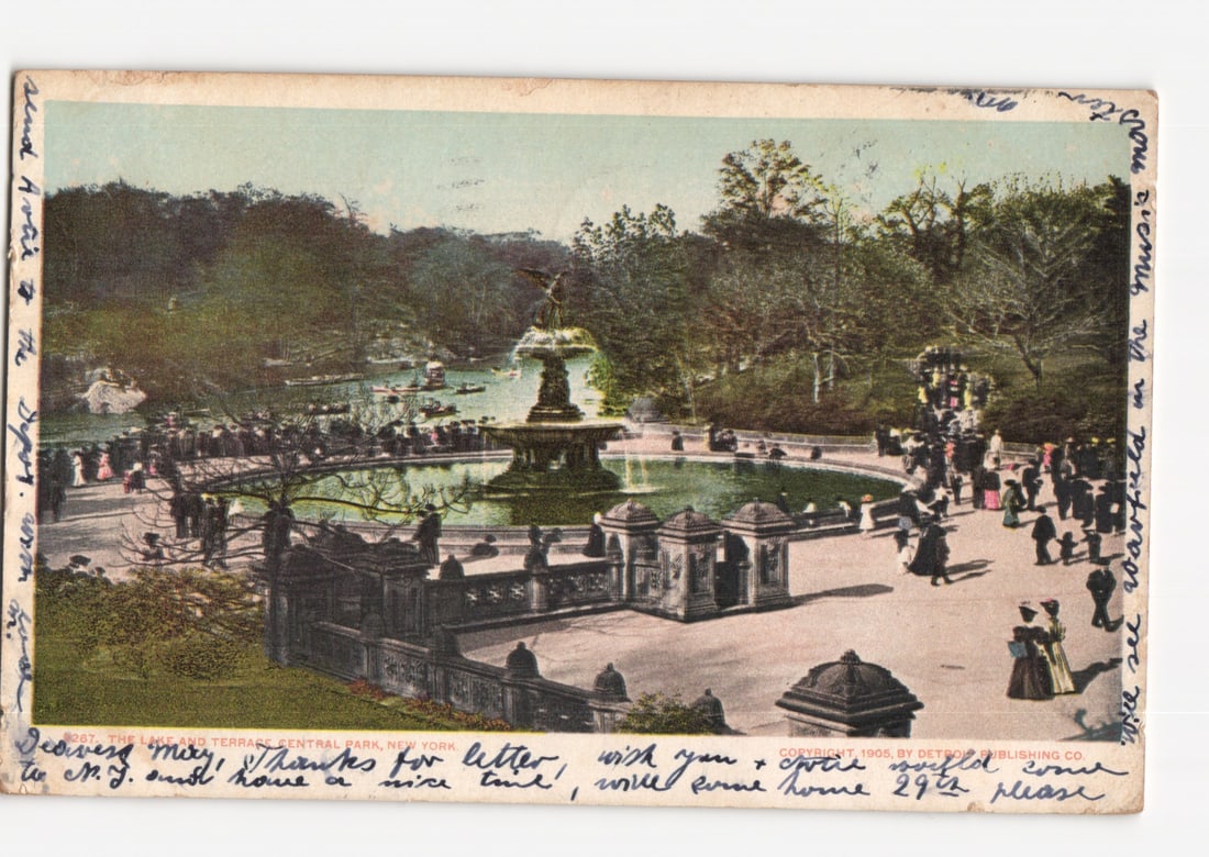 Bethesda Fountain and Terrace in Central Park, New York, c. 1905 photochrome postcard.: Bethesda Fountain and Terrace, Central Park, New York, depicted in a wide, slightly elevated view. The Angel of the Waters statue crowns the multi-tiered fountain at the center of a circular basin. Nu