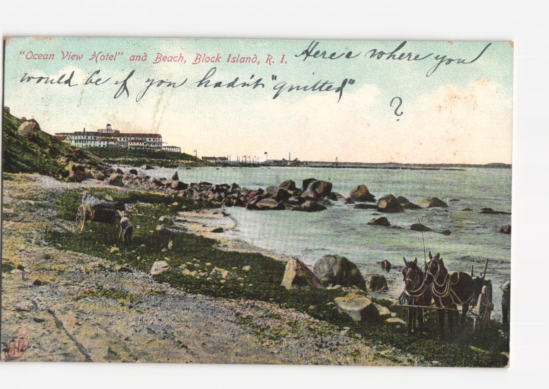 Block Island, R.I.: Ocean View Hotel, rocky beach, and horse-drawn cart, c. 1906 postcard. (1 of 2)