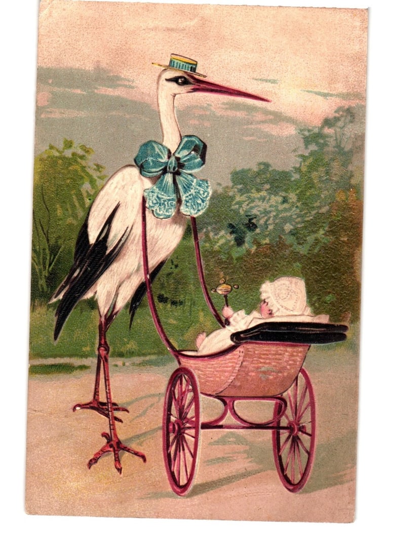 Early 20th Century Illustrated Postcard: Stork in Top Hat Pushing Baby in Decorated Carriage. (1 of 2)