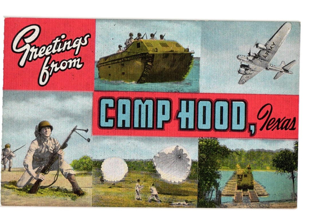 Camp Hood, Texas Military Training Activities Chromolithograph postcard, circa WWII era (1 of 2)