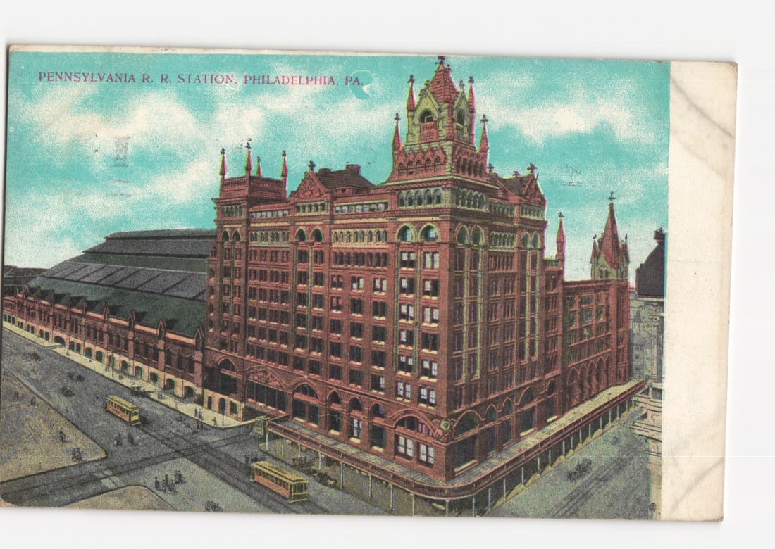 Pennsylvania R.R. Station, Philadelphia, Pennsylvania, c. 1909 color lithograph postcard (1 of 2)
