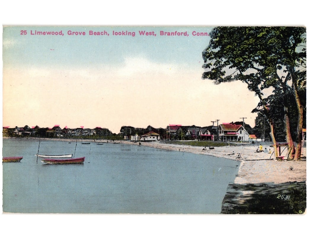 Limewood, Grove Beach, Looking West, Branford, Conn. Early 20th Century Landscape Postcard: A coastal landscape depicting Limewood, Grove Beach, Branford, Connecticut, looking west. The foreground features a calm body of water with several small, single-masted boats anchored or docked near t