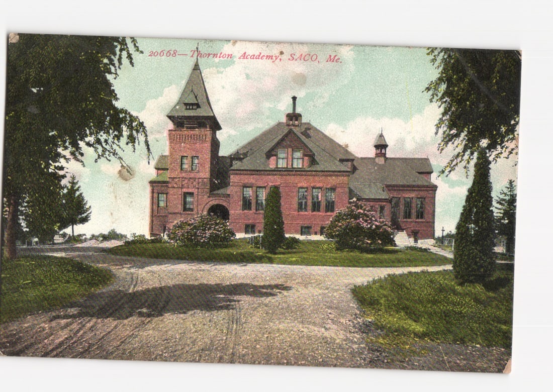 Thornton Academy, Saco, Maine, early 20th-century architectural educational building postcard. (1 of 2)