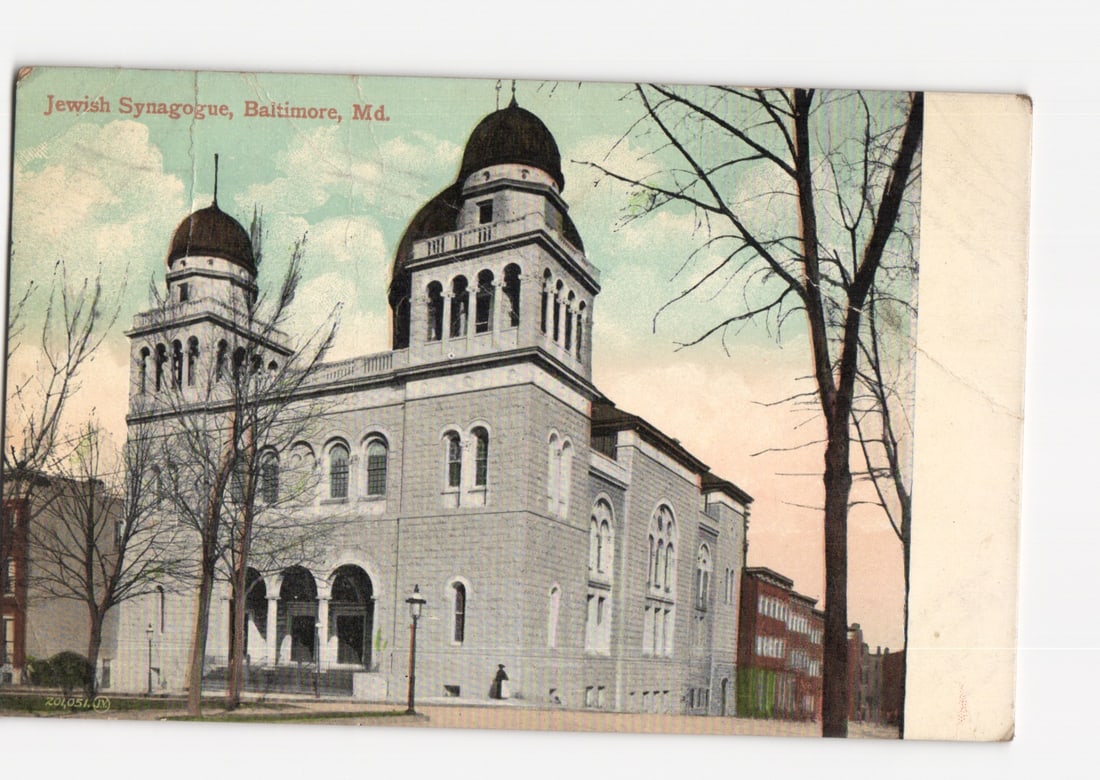 Architectural View of Historic Jewish Synagogue in Baltimore, Maryland, Circa 1911 Postcard: A prominent architectural view depicts the Jewish Synagogue in Baltimore, Maryland. The large stone building features two onion-domed towers flanking a central, taller dome. Multiple arched windows an
