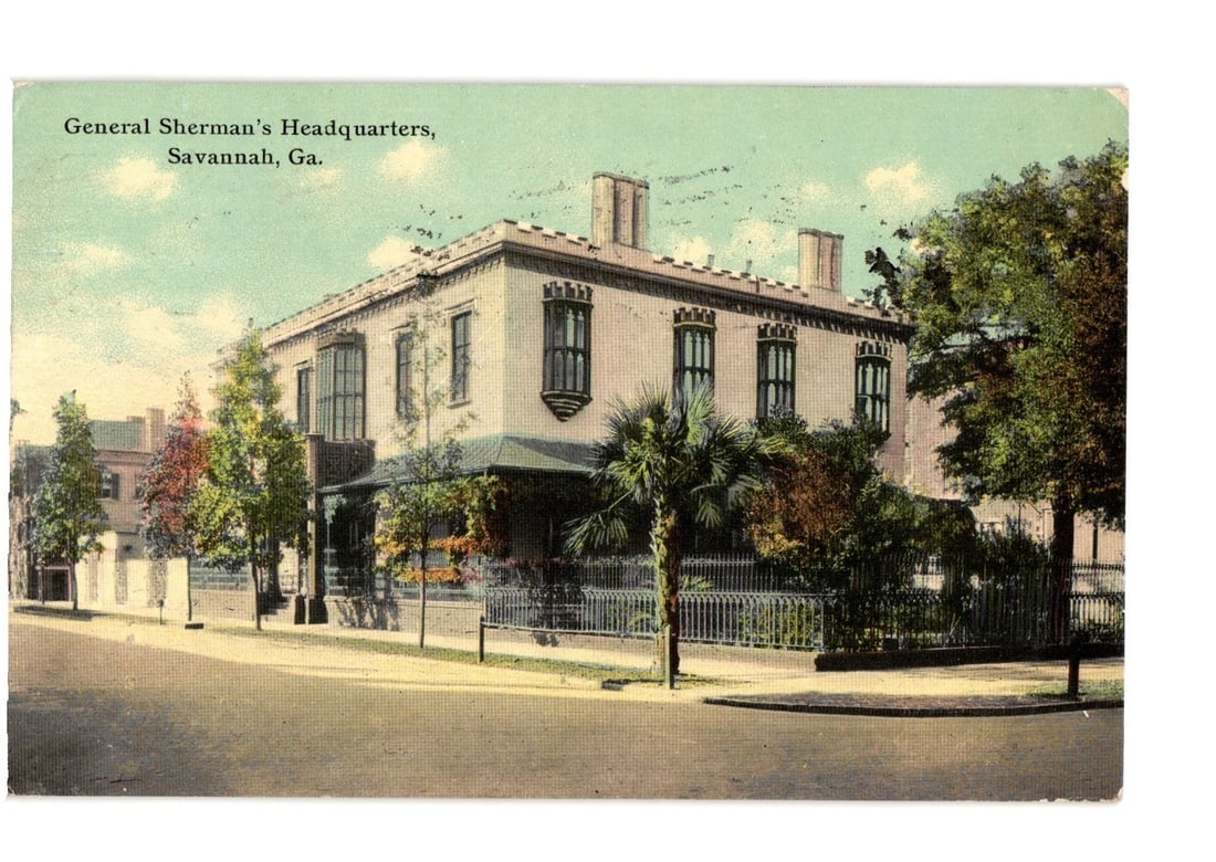 Historic Early 20th Century Postcard: General Sherman's Headquarters, Savannah, Georgia (1 of 2)