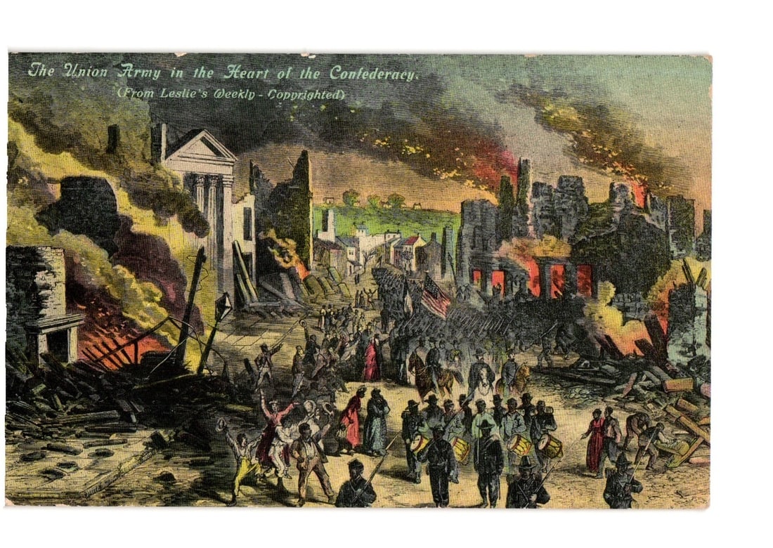 Union Army in the Burning City of Richmond, Virginia, Civil War Era Illustrated postcard: A chromolithograph postcard depicting a chaotic scene of a burning city, with ruined classical buildings and other structures engulfed in flames and smoke. Numerous figures, including soldiers carryin