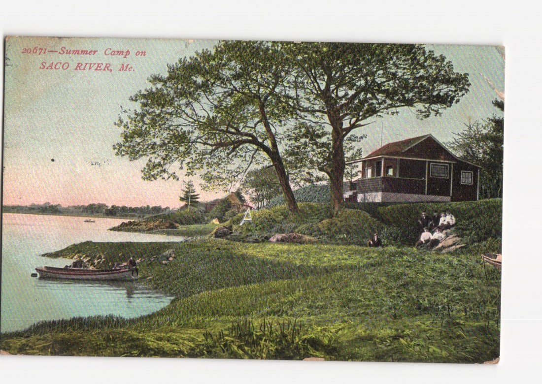 Lithographic postcard of a Summer Camp on Saco River, Maine, with figures and boats, circa 1910. (1 of 2)