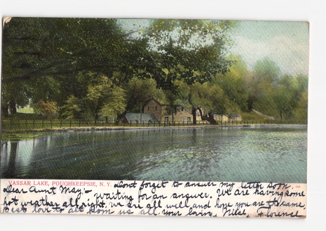 Vassar Lake, Poughkeepsie, New York, with Waterside Buildings, c. 1905, scenic postcard. (1 of 2)