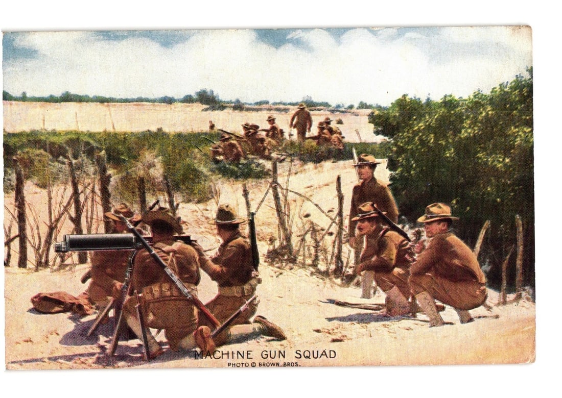 World War I Era Military Machine Gun Squad in Field Training Chromolithograph Postcard, Brown Bros. (1 of 2)