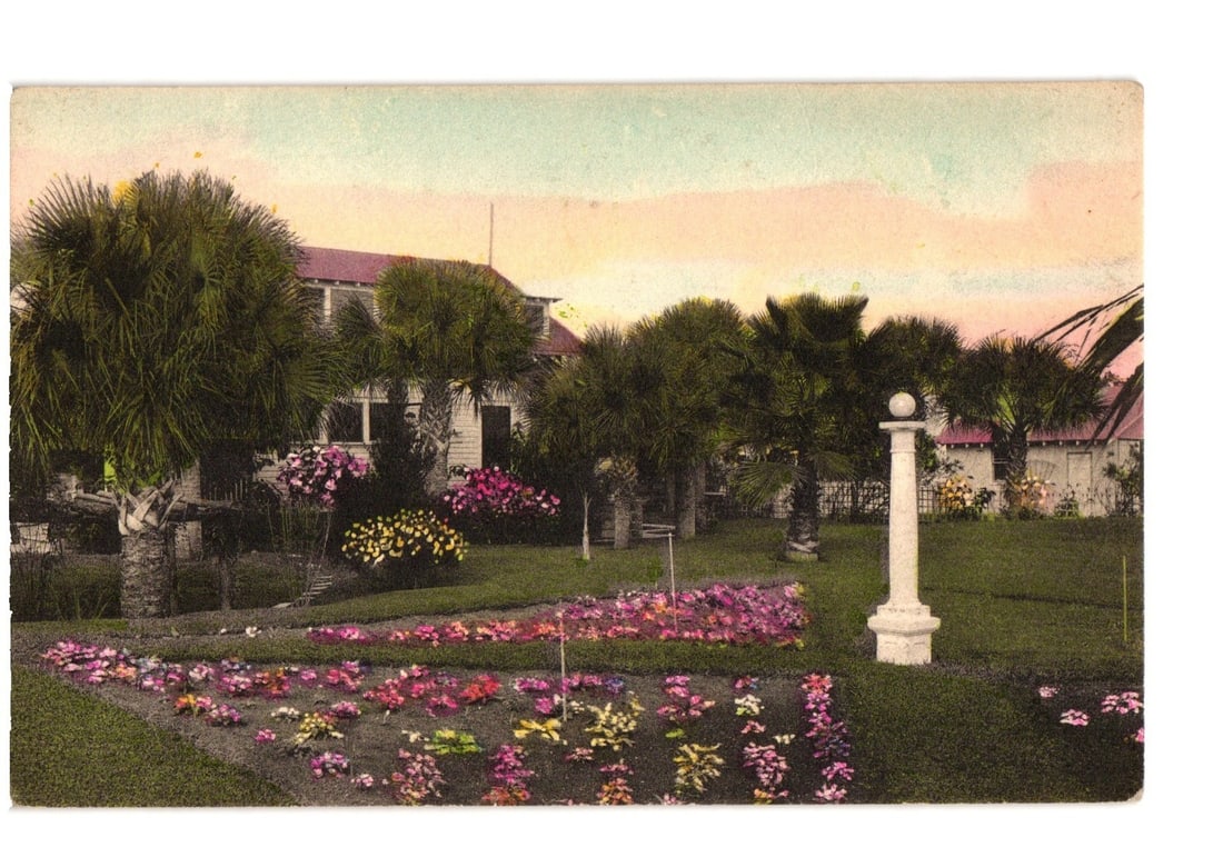 Hand-colored postcard: Dr. Fred Puleston's Home and Garden, Daytona Beach, Florida. (1 of 2)