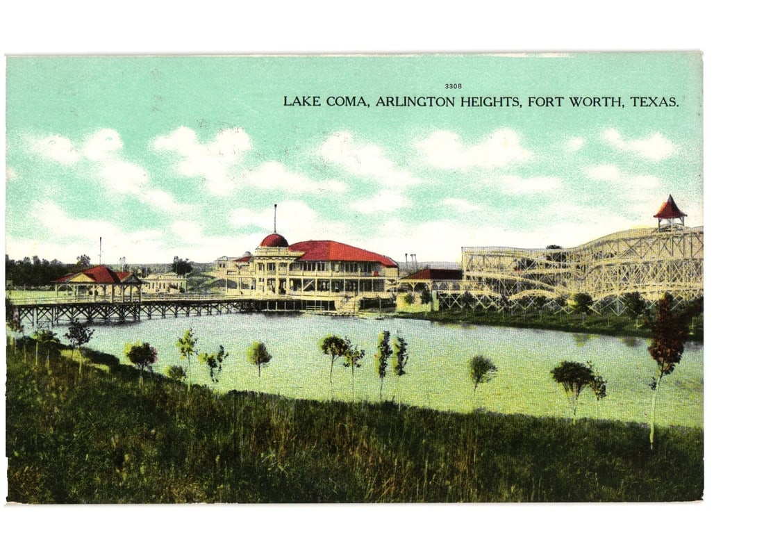 Lake Coma Amusement Park, Arlington Heights, Fort Worth, Texas postcard, early 20th Century.: A scenic view of Lake Coma, Arlington Heights, Fort Worth, Texas, depicting a leisure or amusement park setting. The image features a large building with a red roof and a central dome, situated along 