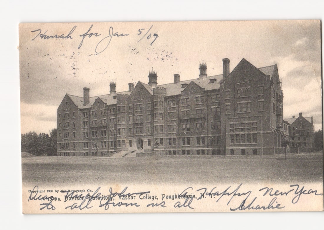 Early 20th Century Postcard of Davison Dormitory at Vassar College, Poughkeepsie, New York: A large, multi-story brick building, identified as Davison Dormitory, occupies the central view. The architecture appears to be Revivalist in style, featuring numerous windows, multiple gables, and pr