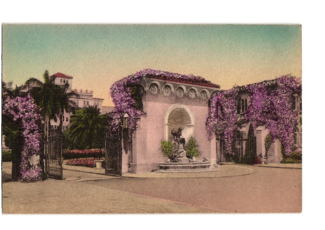 Hand-colored postcard depicting the Entrance Gates of The Boca Raton in Boca Raton, Florida, (1 of 2)
