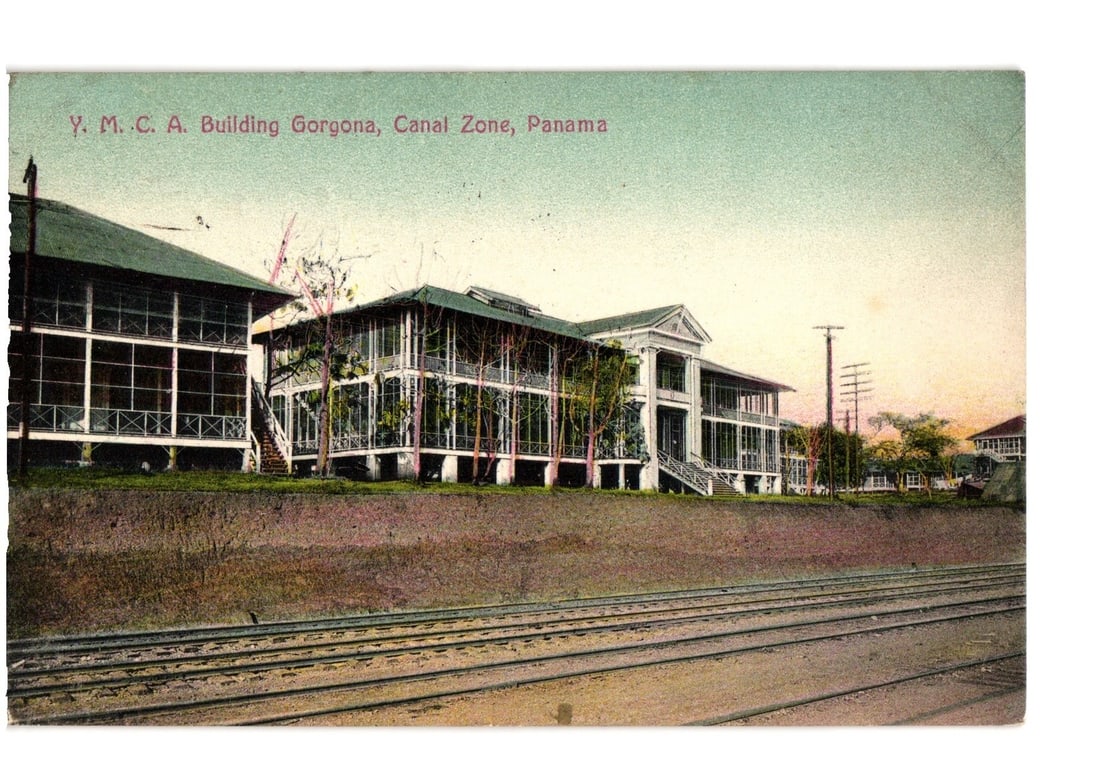 Y. M. C. A. Building in Gorgona, Canal Zone, Panama, with railroad tracks, early 20th C postcard. (1 of 2)