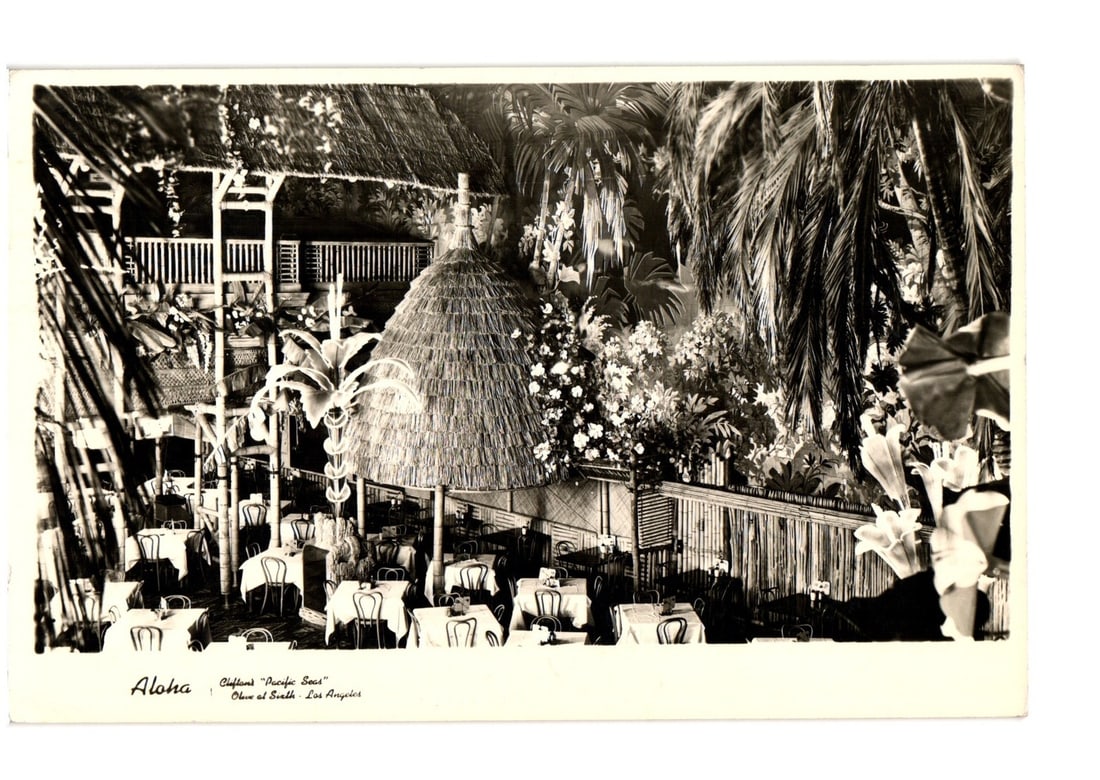 Real photo postcard of Clifton's Pacific Seas tropical restaurant in Los Angeles, California, 1940s. (1 of 2)
