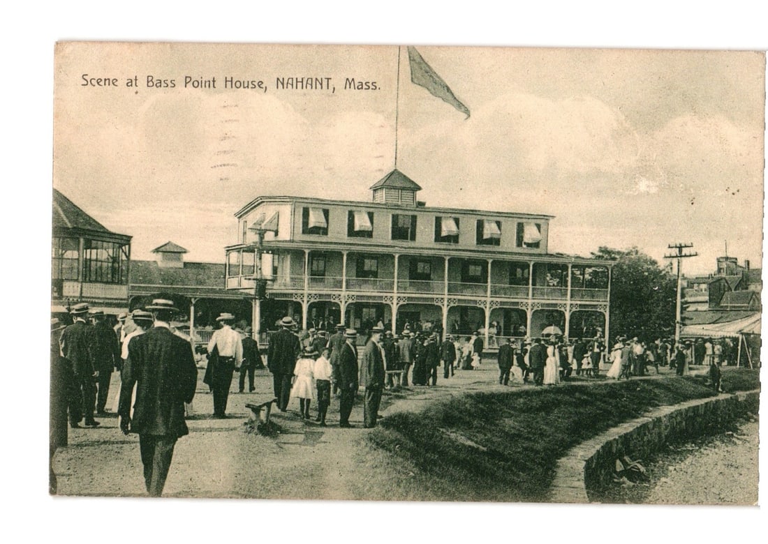Bass Point House, Nahant, Mass. early 20th-century hotel and crowd scene postcard (1 of 2)