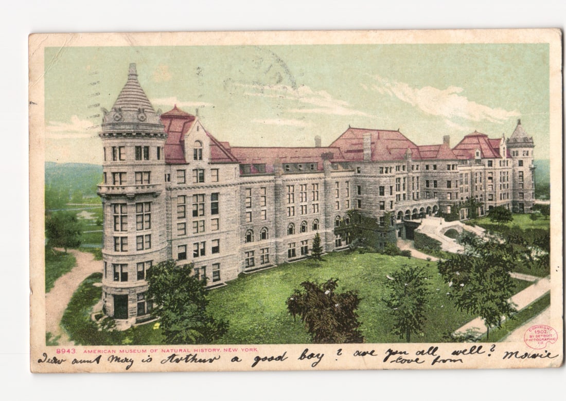 American Museum of Natural History, New York City, Early 20th Century Lithograph Postcard: A broad view of the American Museum of Natural History in New York, presenting a large stone building with multiple wings and turrets under a partly clouded sky. The structure features classical archi