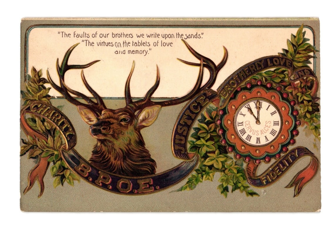 Fraternal Order B.P.O.E. Elk Emblem with Clock, Ribbons, and Mottoes postcard, early 20th century (1 of 2)