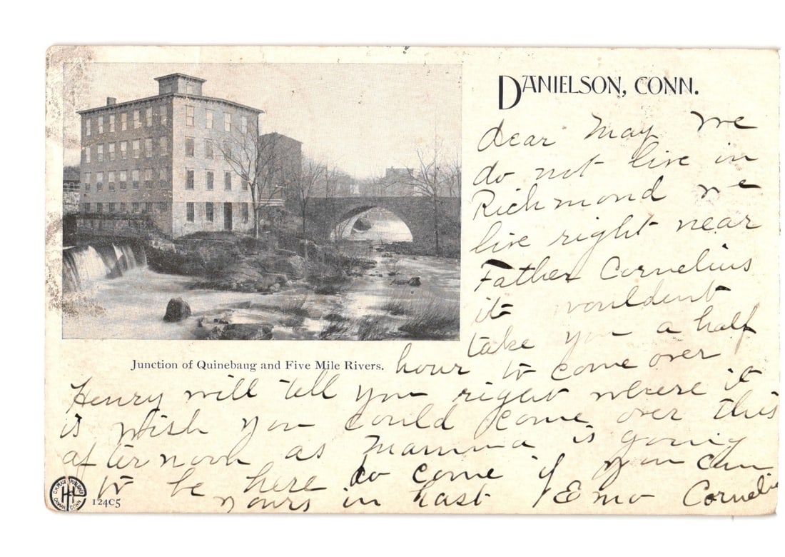 Early 20th-Century Postcard: Junction of Quinebaug and Five Mile Rivers, Danielson, Conn.: The front presents a black and white photographic view of an industrial building and a river scene. A large, multi-story mill building with numerous windows occupies the left side, situated next to a 