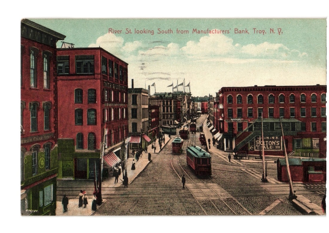 River Street looking South from Manufacturers' Bank, Troy, N.Y., 1911 era postcard. (1 of 2)
