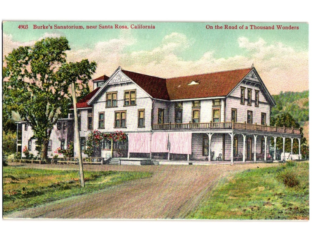 Burke's Sanatorium, near Santa Rosa, California, early 20th-century chromolithograph postcard (1 of 2)