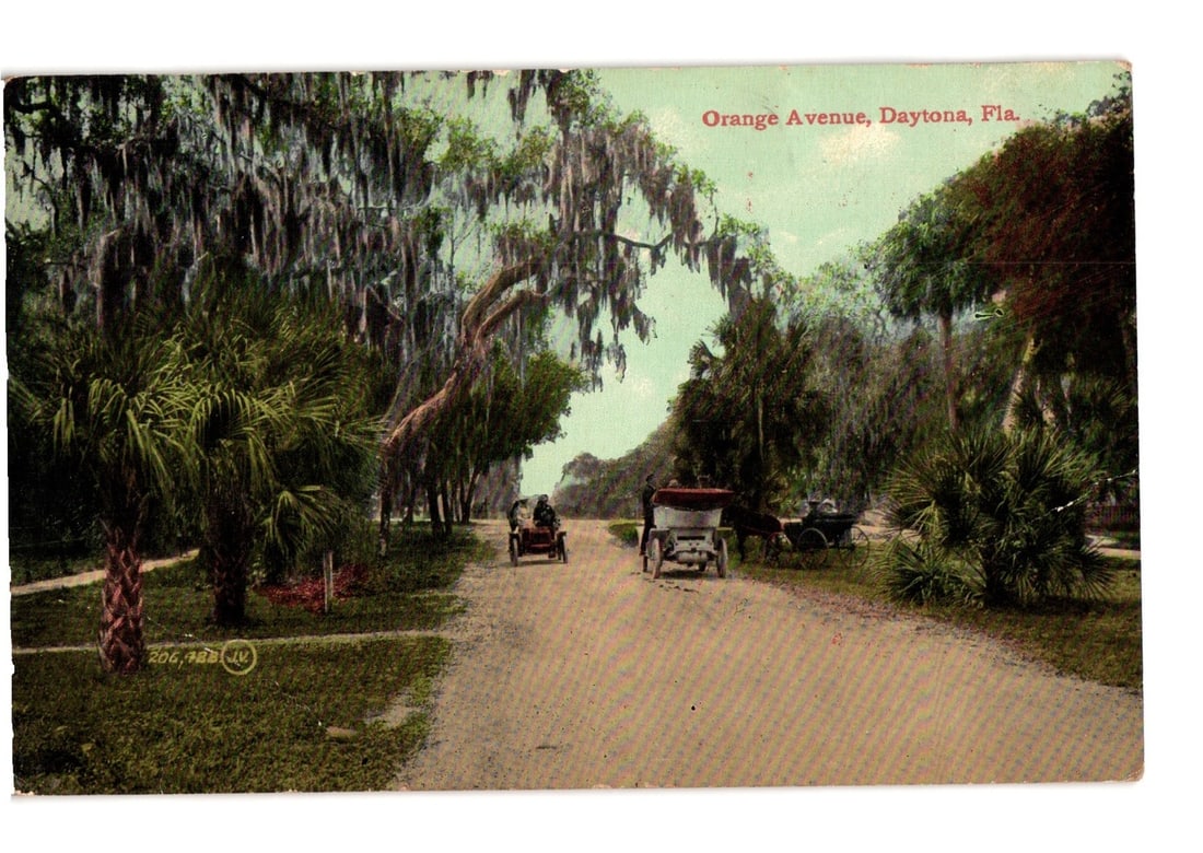 Historic Daytona, Florida postcard depicting Orange Avenue, lush trees, and early automobiles. (1 of 2)