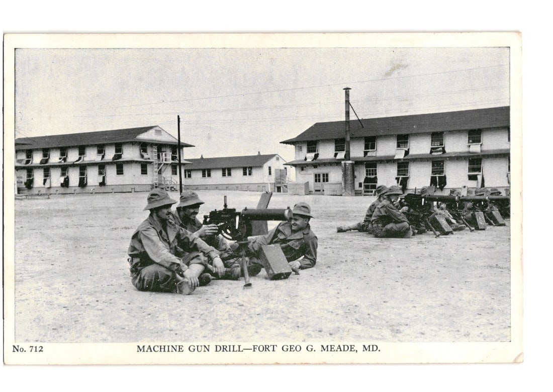 WWII era postcard showing soldiers conducting machine gun drill at Fort Geo G. Meade, MD. (1 of 2)