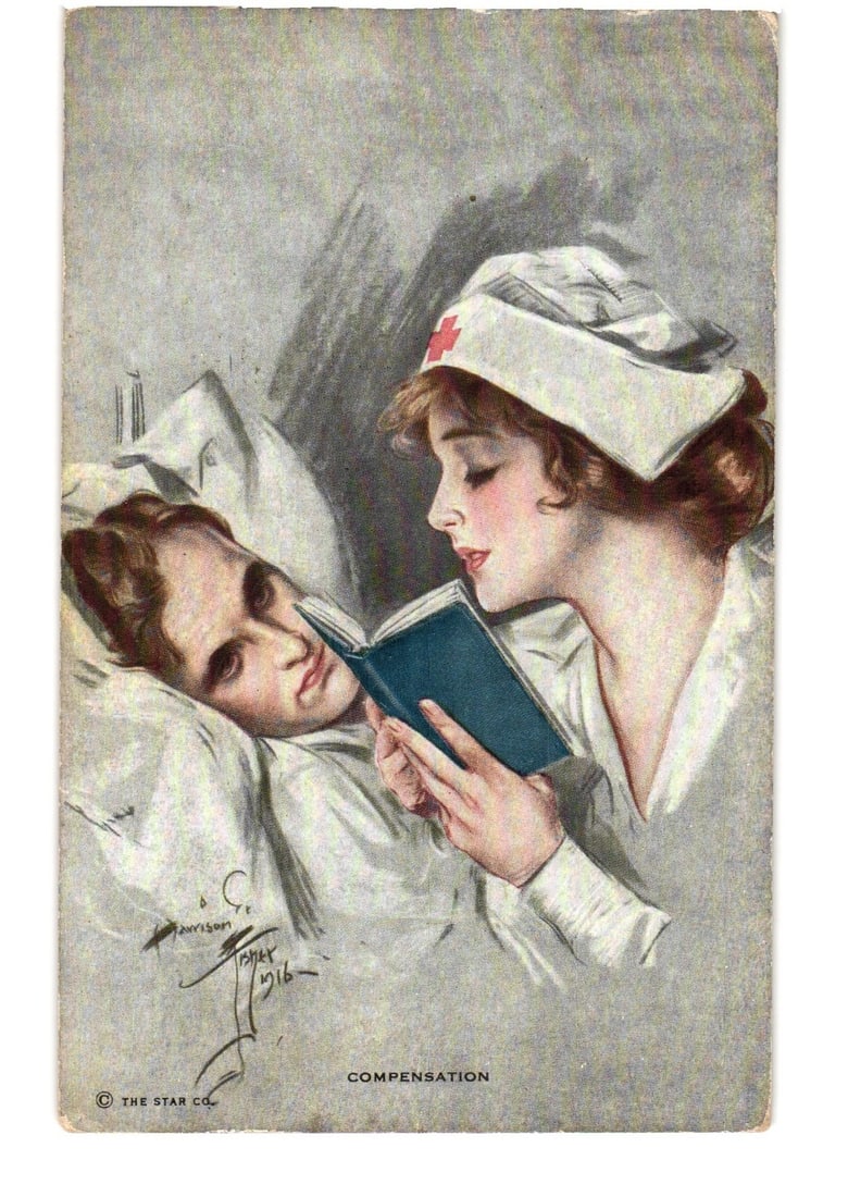 1916 A. C. Davison Illustrated Art Postcard: Nurse Reading to Male Patient, 'Compensation'.: An illustration depicts a nurse in a white uniform with a red cross emblem on her cap, leaning over to read a book to a male patient. The patient is in bed, looking at the nurse. This illustrated art 