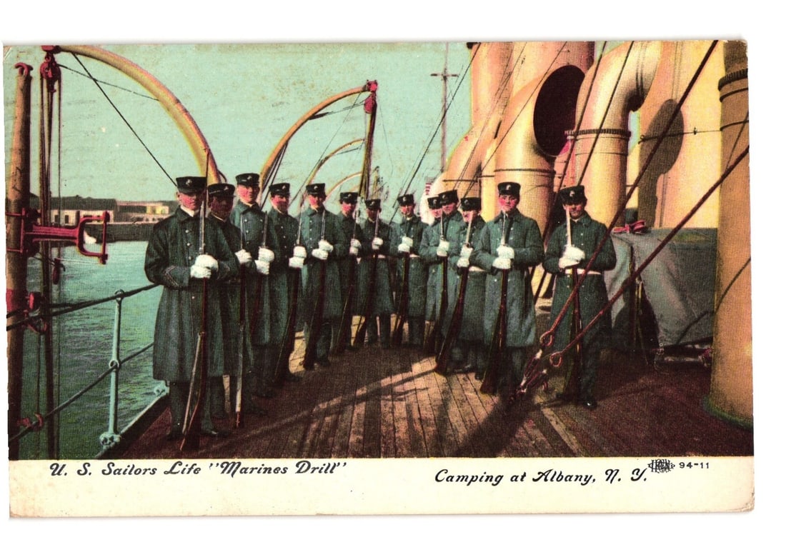 Early 20th Century US Sailors Life 'Marines Drill' Aboard Ship at Albany, NY postcard (1 of 2)