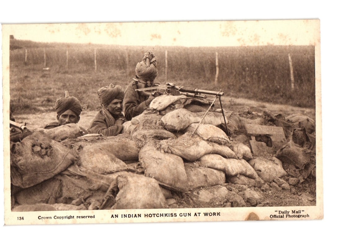 WWI Era Postcard: Indian Soldiers Operating a Hotchkiss Gun on the British Western Front (1 of 2)