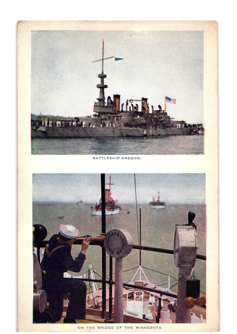 Early 20th Century Chromolithograph Postcard: Battleship Oregon and USS Minnesota Naval Scenes: The postcard front features two distinct, colorized photographic images presented in a vertical arrangement. The upper image depicts the Battleship Oregon at sea, viewed from its port side, with numer